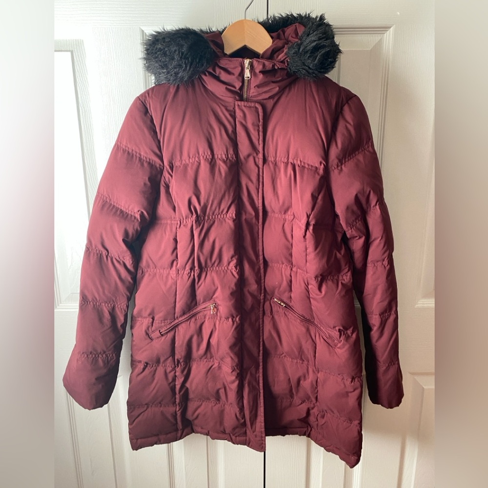 LAUREN RALPH LAUREN Burgundy Down Filled Faux Fur Trim Puffer Coat Parka L